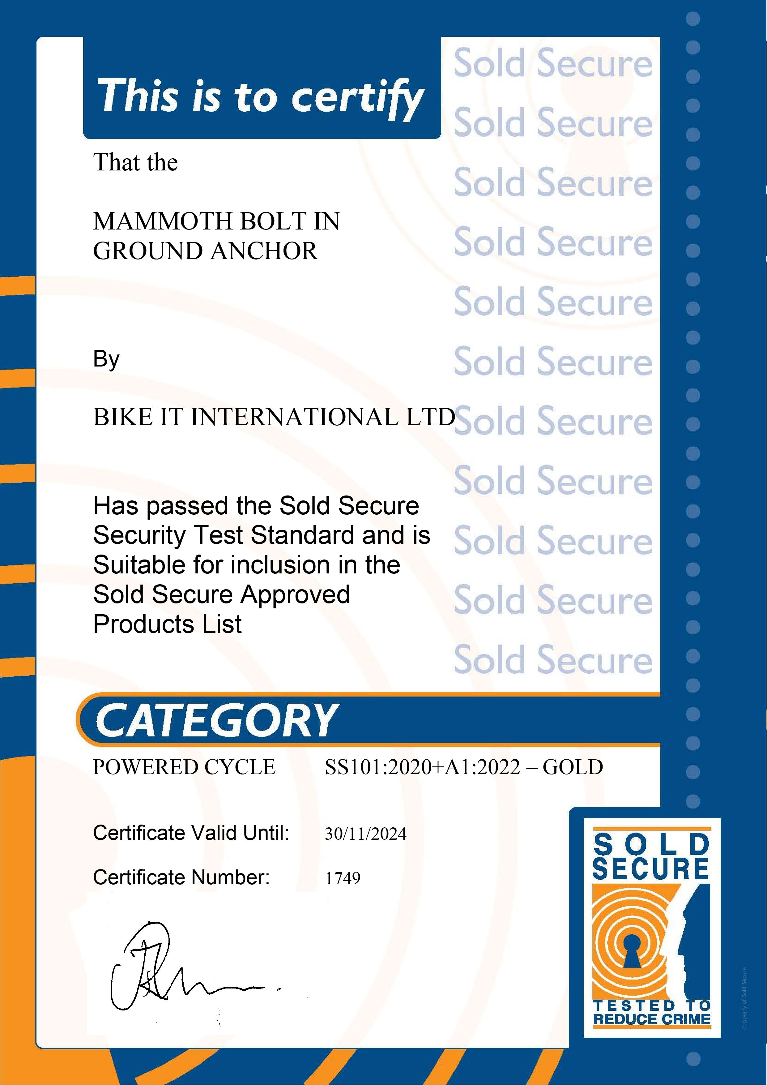 Mammoth Bolt In Ground Anchor Sold Secure Gold Approved