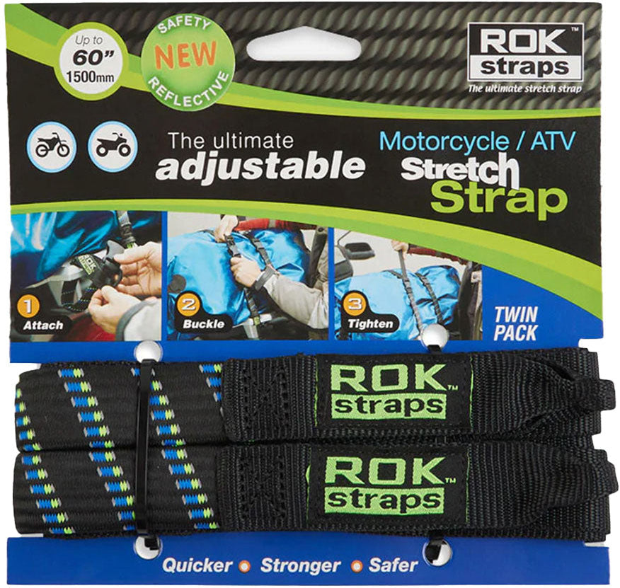 ROK Straps - Motorcycle/ATV Stretch Strap - Black/Blue/Green Reflective 056